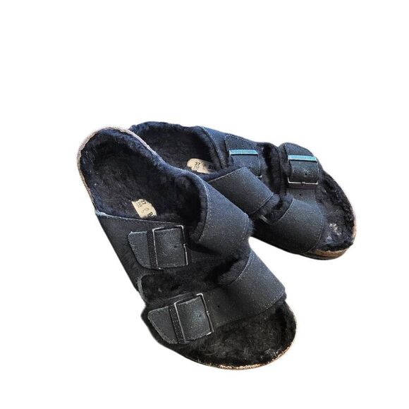 Birkenstock Sandals Women's 7 Black Arizona Shearling Lined Cozy Suede Leather - Picture 2 of 6